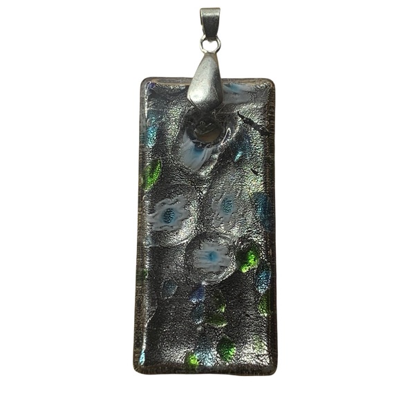 vintage art glass pendant Silver And Black Swirls Rectangular Retro - Picture 1 of 3